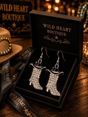 Cowgirl Western Boot Crystal Rhinestone Earrings with Black Cowboy Hat